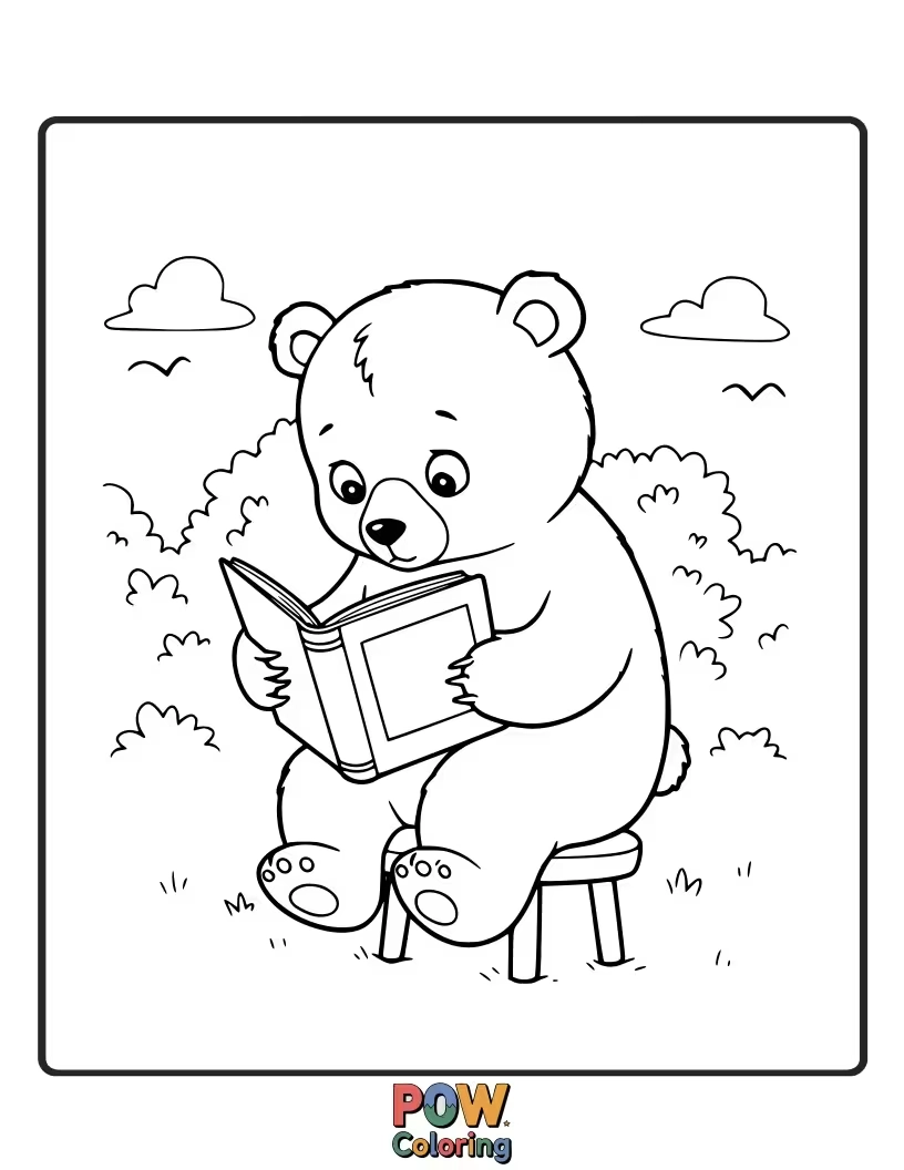 Free coloring page of An adorable bear engrossed in a book. Inspires a love for reading and imaginative play.