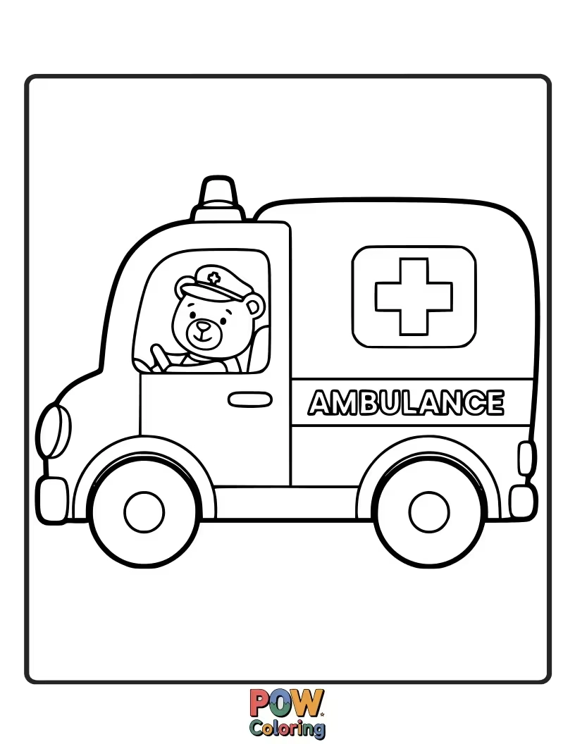 Free coloring page of A soft, cuddly toy ambulance, perfect for little ones, with teddy bear passengers.