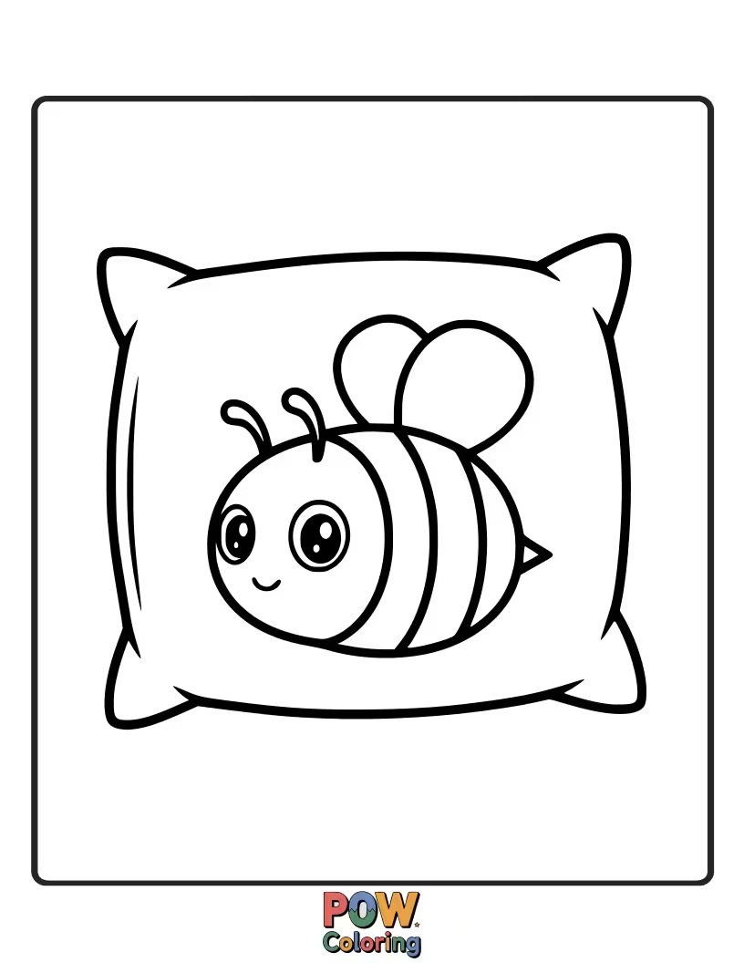Free coloring page of A fuzzy bee pillow with tiny wings and antennae. Color its busy buzz and happy, winged presence.