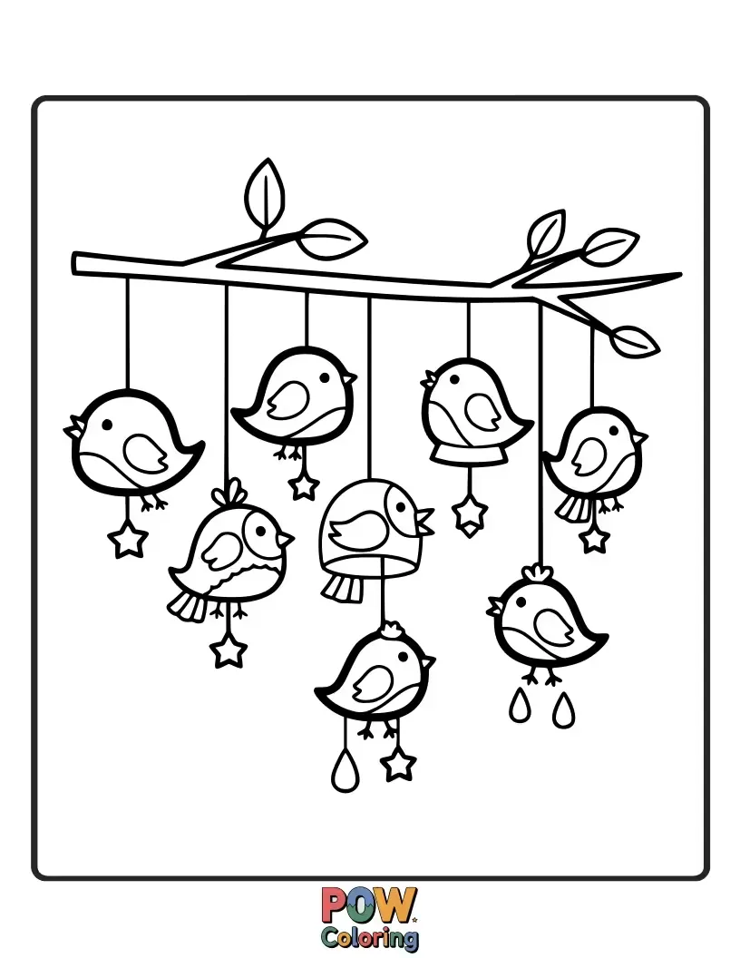 Free coloring page of A cheerful little bird singing along with the melodic tunes of its wind chimes.