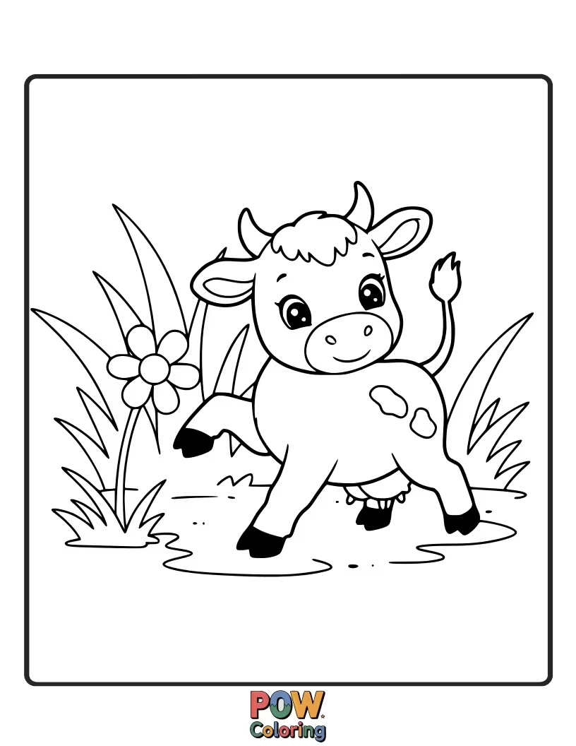 Free coloring page of adorable calf is playfully frolicking in a field, perhaps chasing butterflies or exploring with boundless energy.