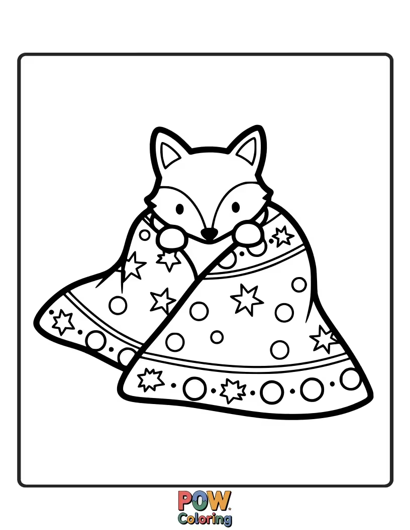 Free coloring page of A cute, curled-up fox snuggled under a patchwork blanket.