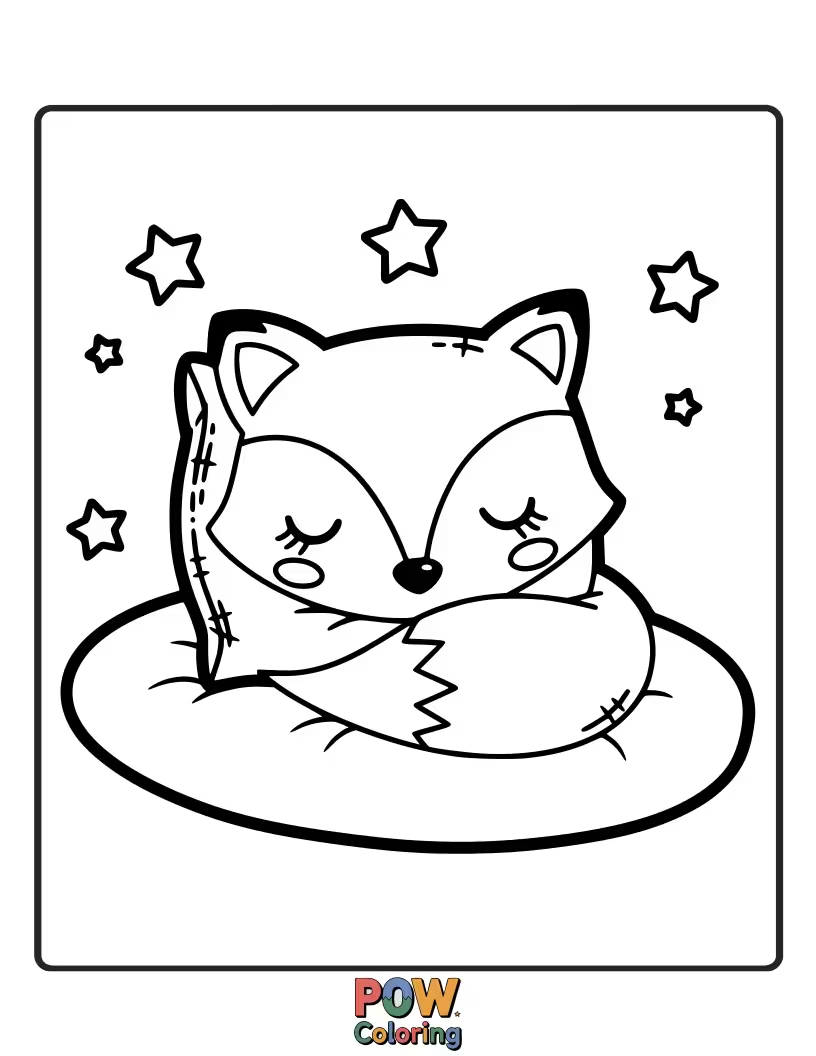 Free coloring page of A plush pillow shaped like a friendly fox face, with its ears perked up. Color its curious and cute expression.