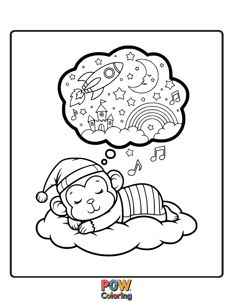Free coloring page of A sweet monkey with closed eyes and a gentle smile dreams of stars and clouds, showcasing peaceful slumber and imagination.