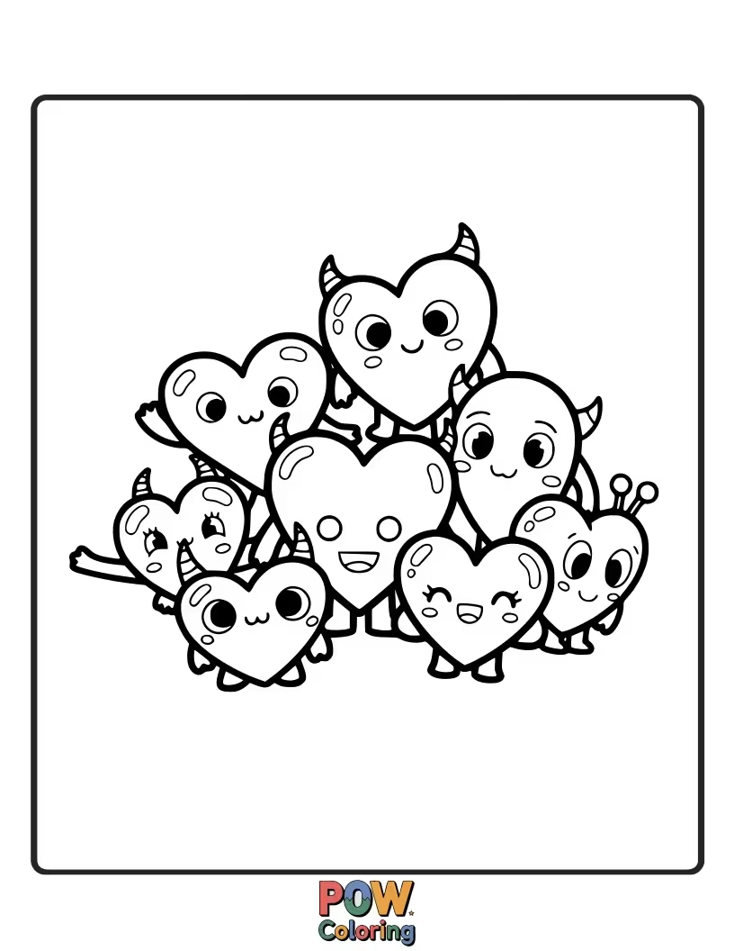 Free coloring page of Friendly, googly-eyed monsters holding and hugging heart shapes. Adorable and slightly spooky.