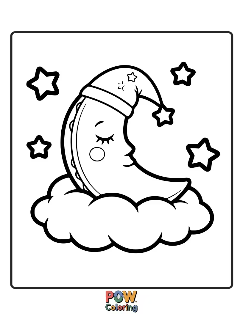 Free coloring page of A crescent moon pillow nestled amongst soft clouds, its face content. Bring a touch of nocturnal magic to this gentle scene.