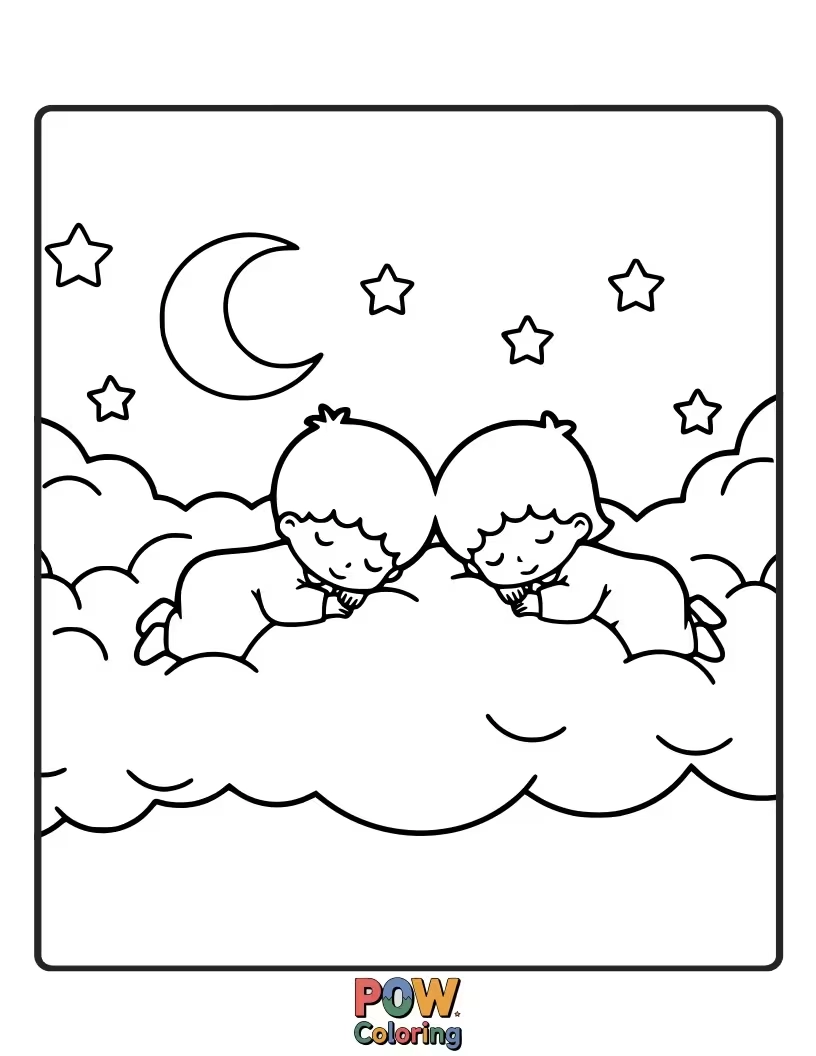 Free coloring page of Kiki and Lala floating joyfully on a fluffy cloud, surrounded by twinkling stars.