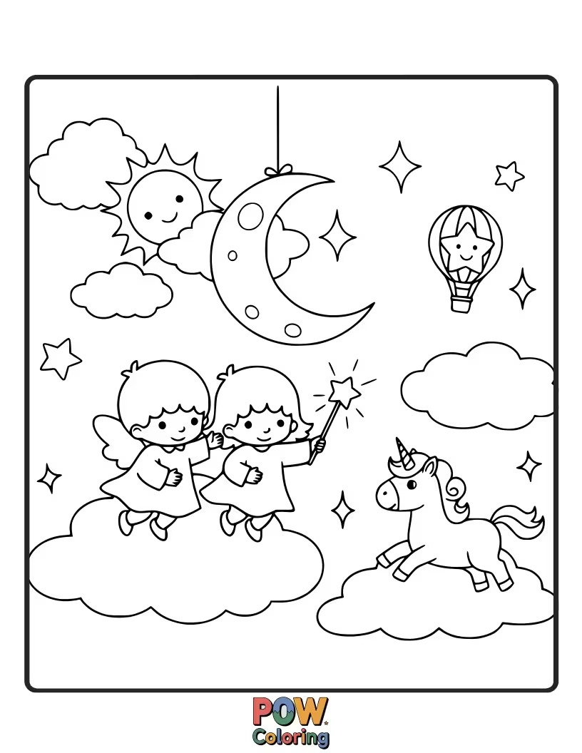 Free coloring page of Kiki and Lala creating magical dreams in a starry night sky.