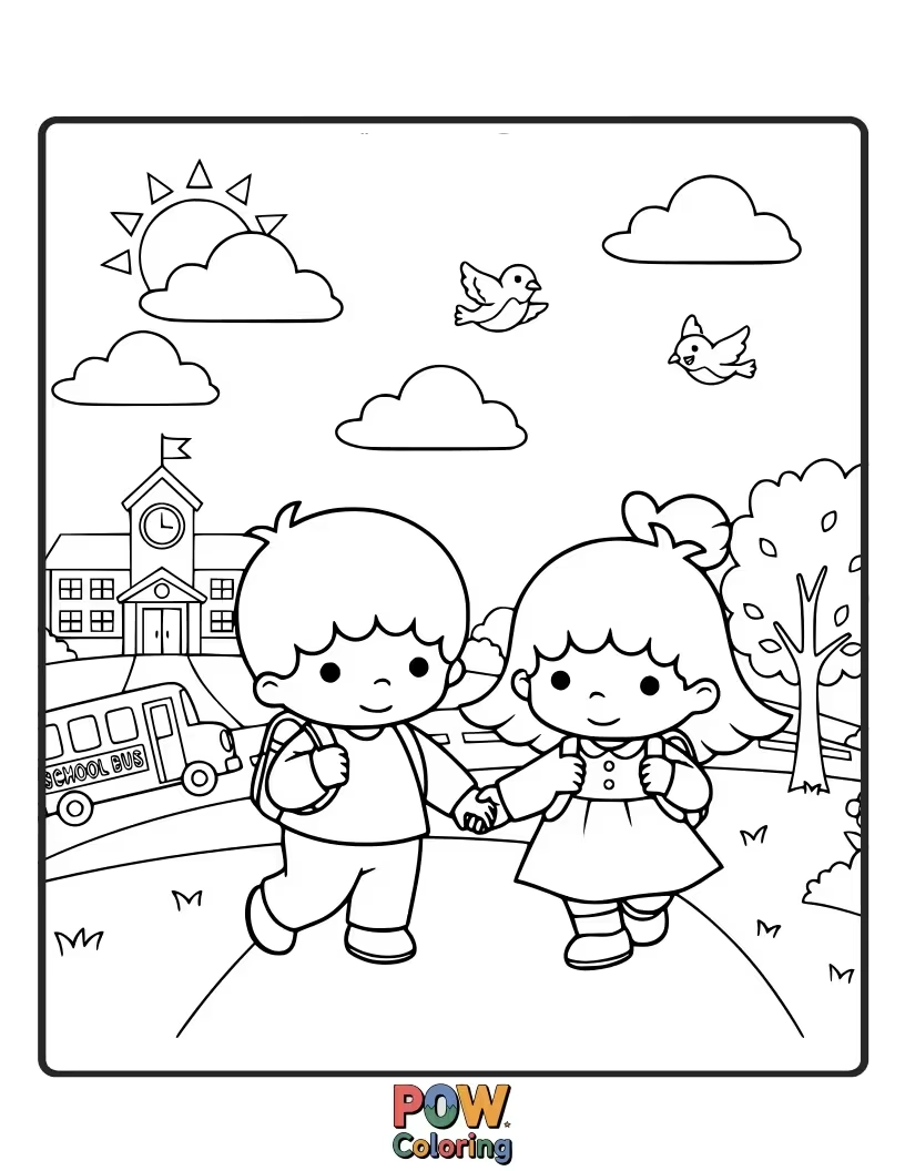 Free coloring page of Kiki and Lala attending a magical school in the clouds.