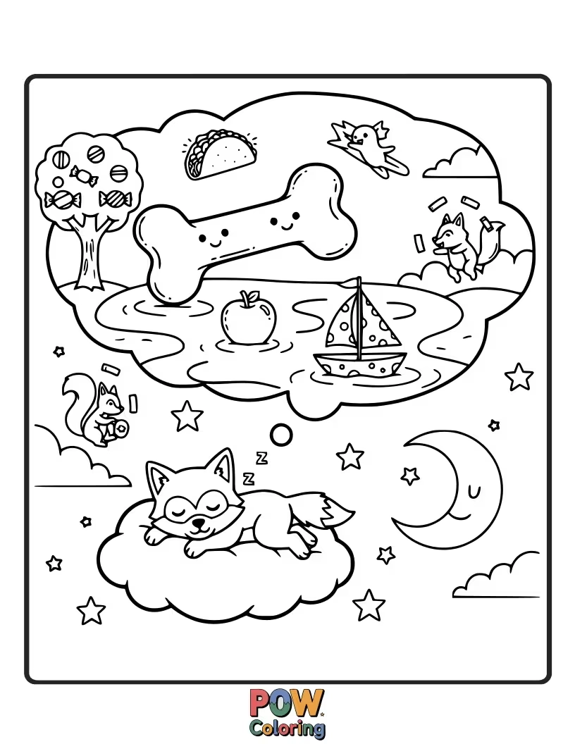 Free coloring page of A tiny wolf cub peacefully sleeping amidst soft clouds and twinkling stars. Pure, gentle slumber.