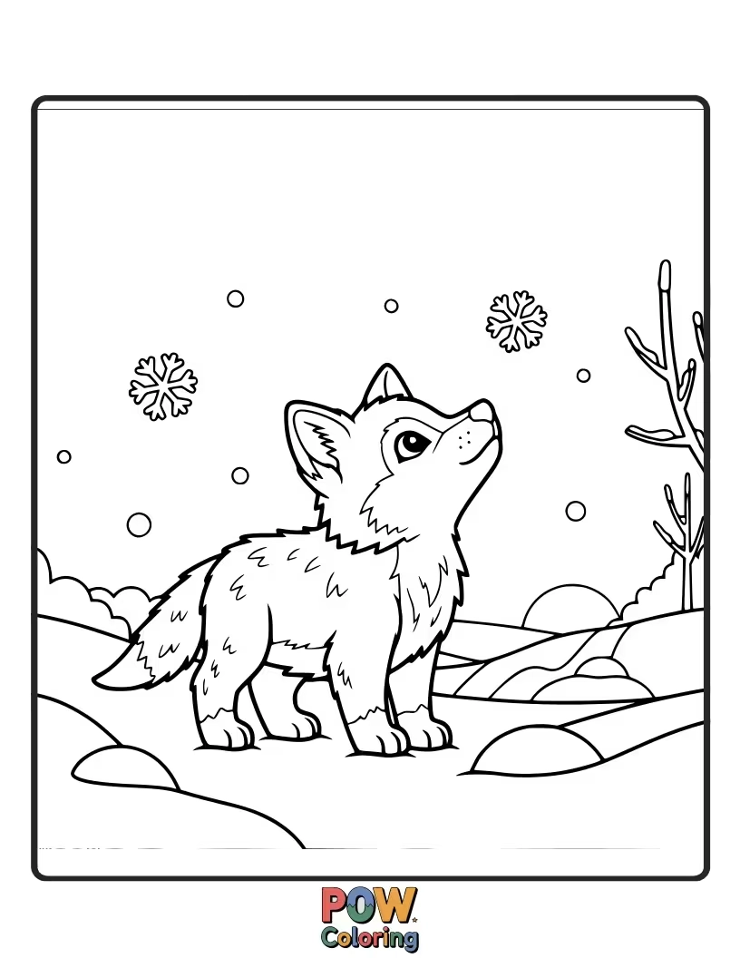 Free coloring page of A wide-eyed wolf cub experiencing snow for the first time, with a look of wonder.