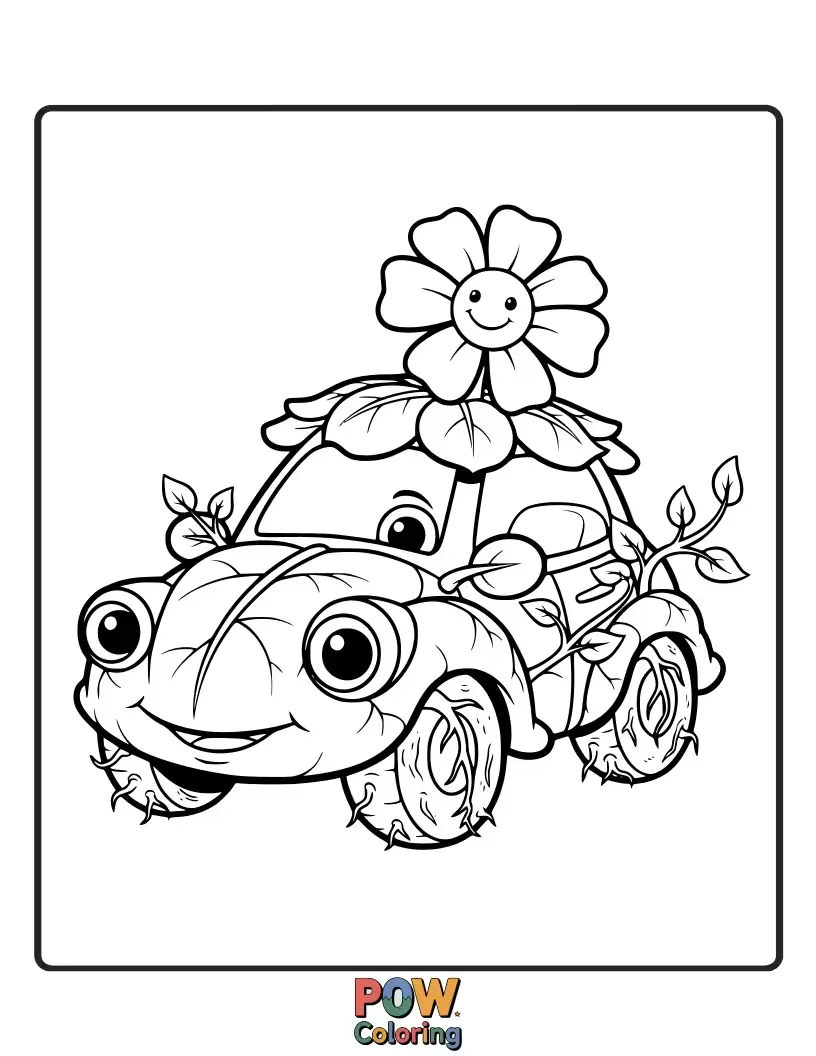 Free coloring page of A car whose body is made of living vines and flowers, with leaves for windows and petals for wheels.