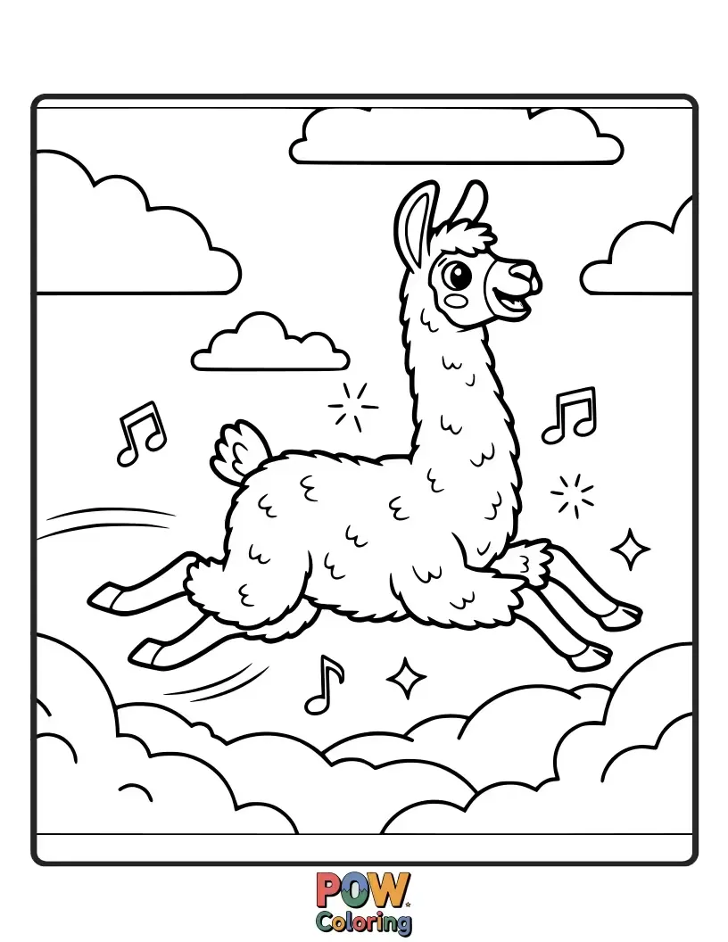 Free coloring page of A fluffy llama, surprisingly agile, leaps and bounds across a pasture in a stylish ballet costume. Meadow moves!