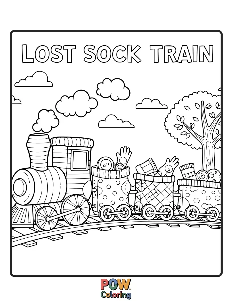 Free coloring page of A train filled with mismatched socks on a journey to find their partners. A quirky and relatable adventure.