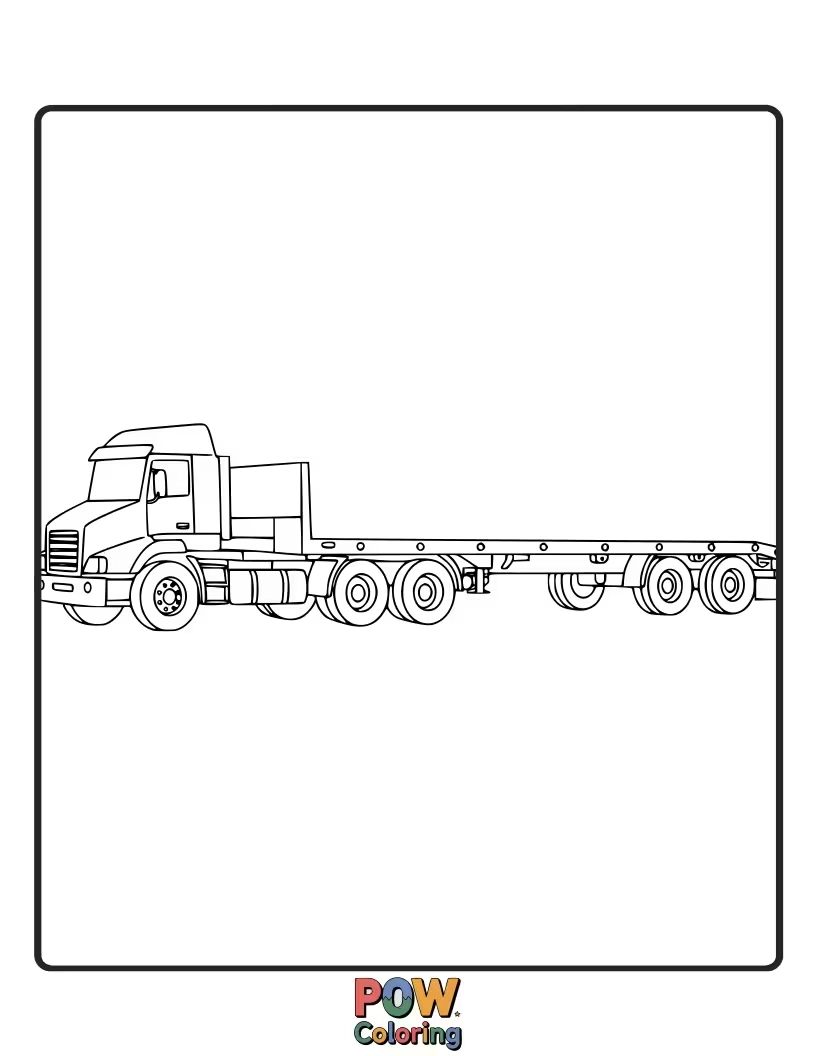 Free coloring page of A heavy-duty lowboy trailer truck, carrying oversized equipment. Color its strong build and wide trailer.