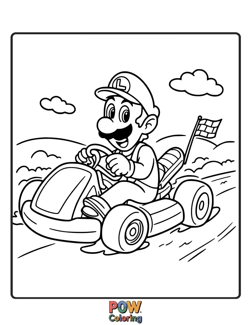Free coloring page of A determined Luigi in his kart driving fast on a race course.