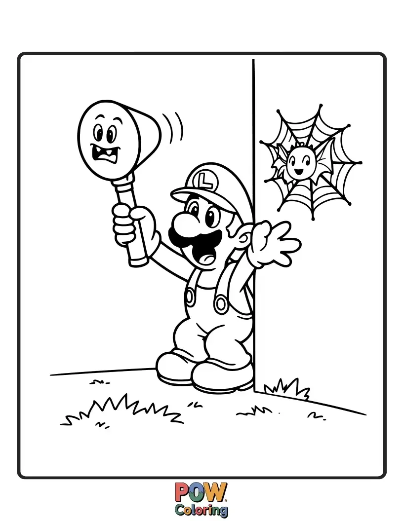 Free coloring page of Scared Luigi holding his flashlight up high.