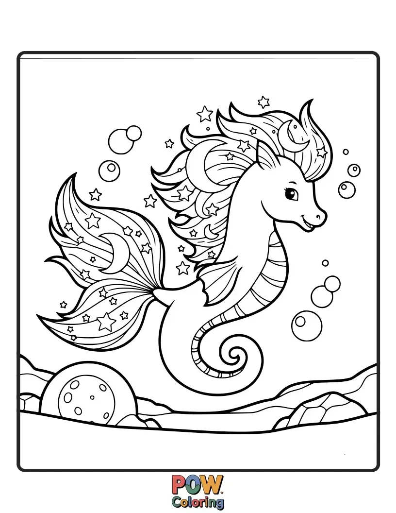 Free coloring page of A serene seahorse bathed in the soft glow of a large, friendly moon peeking through the water.