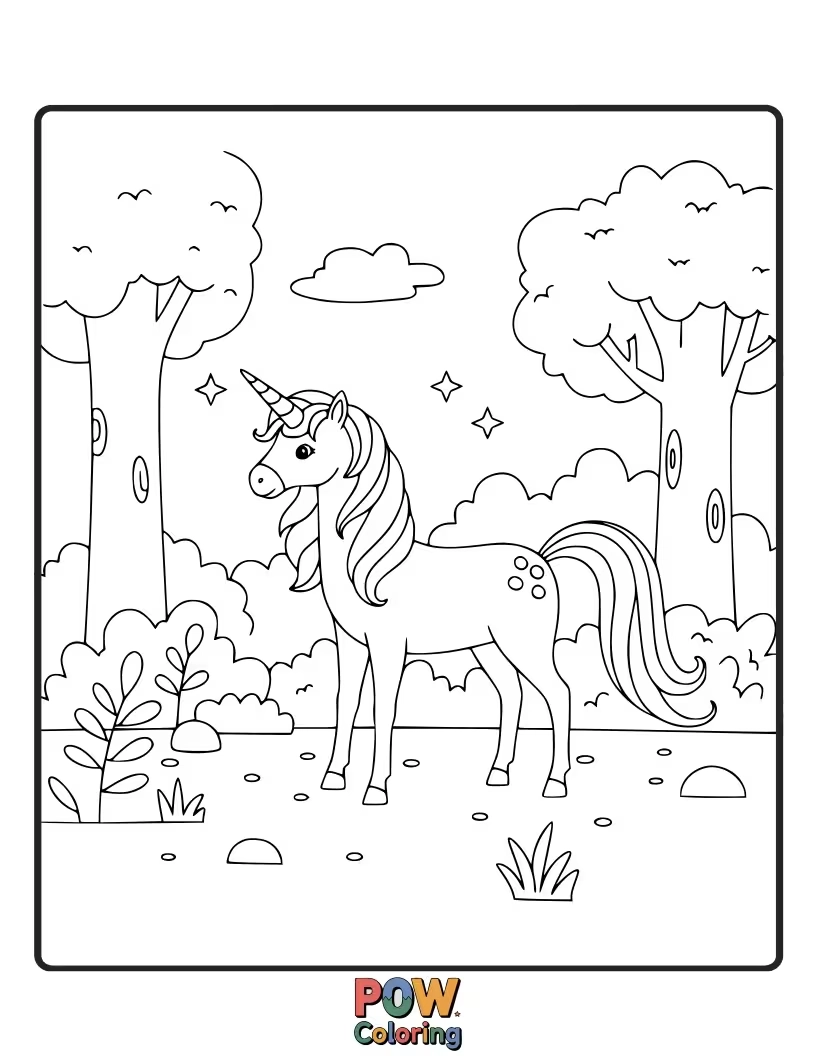 Free coloring page of Wise unicorn acting as a protector of a vibrant and enchanted forest.
