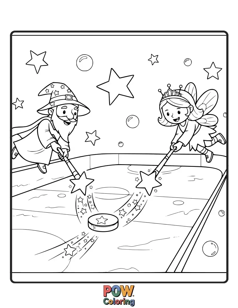 Free coloring page of A wizard casting a spell to help a hockey puck glide perfectly into the net, surrounded by sparkling magic. Enchanting gameplay!