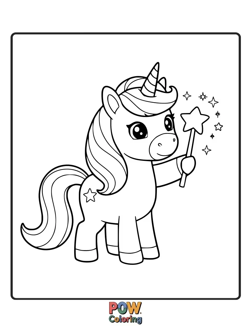 Free coloring page of Unicorn holding a sparkling magic wand, casting whimsical spells.