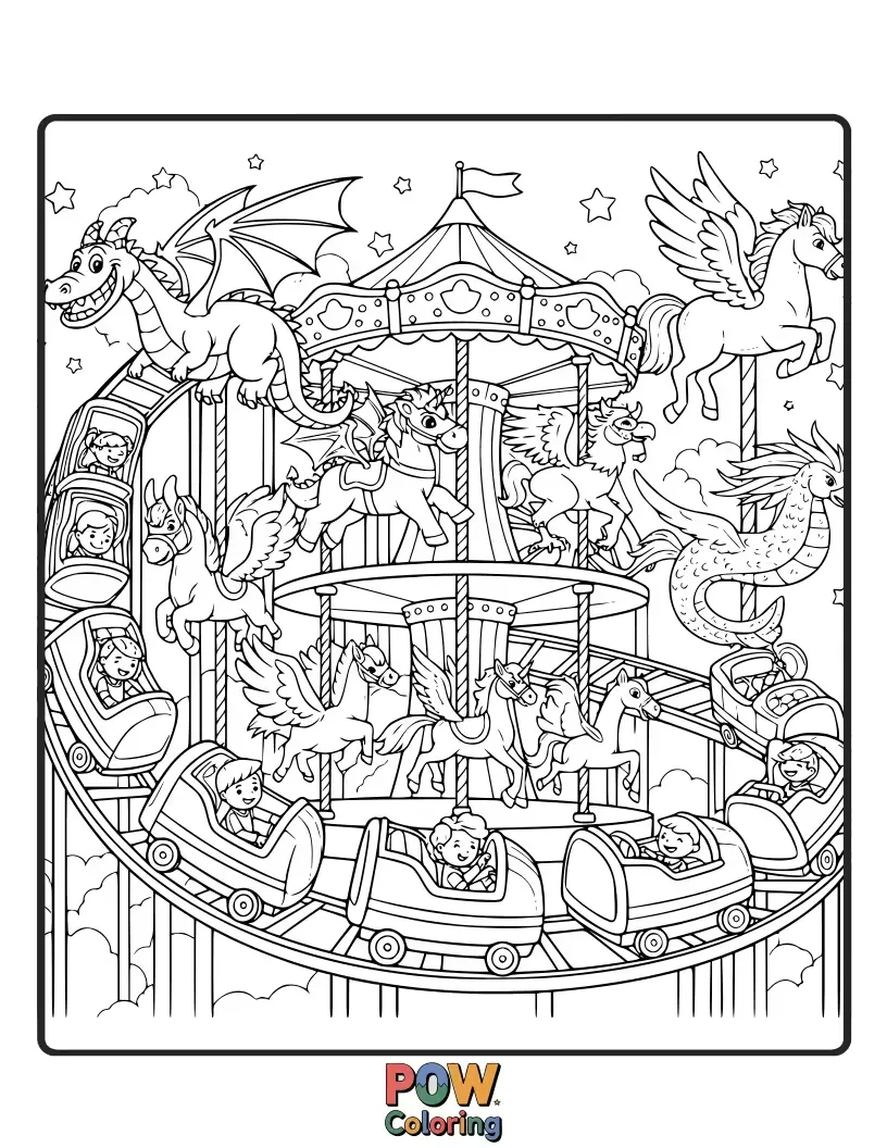 Free coloring page of A whimsical roller coaster designed like a magical carousel, with fantastical creatures instead of horses.