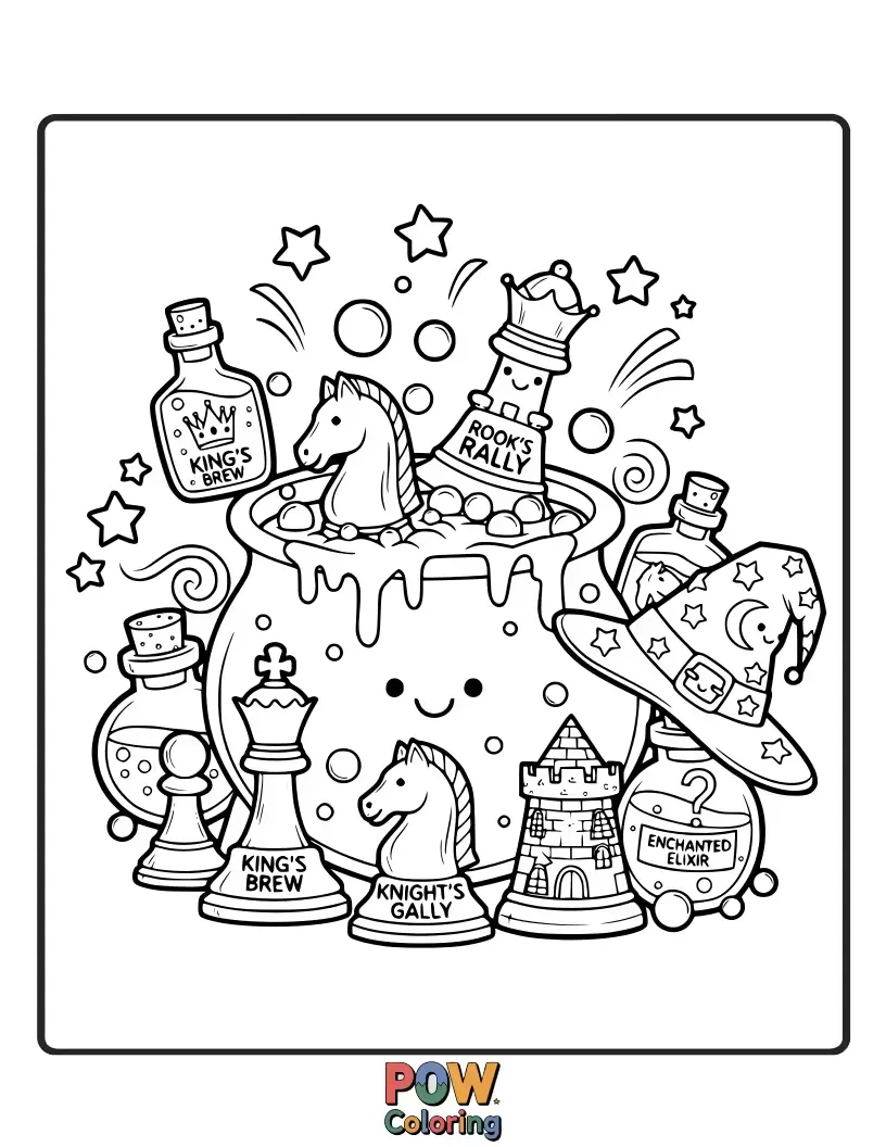 Free coloring page of A wizard's apprentice brewing colorful potions while a friendly chess piece looks on curiously from the table.