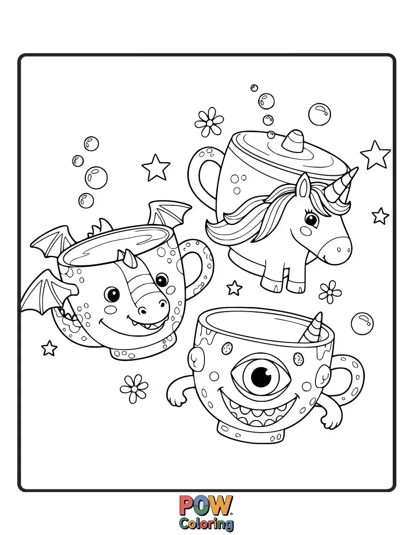 Free coloring page of Cups interacting with friendly dragons, fairies, and other fantastical creatures in a whimsical setting.