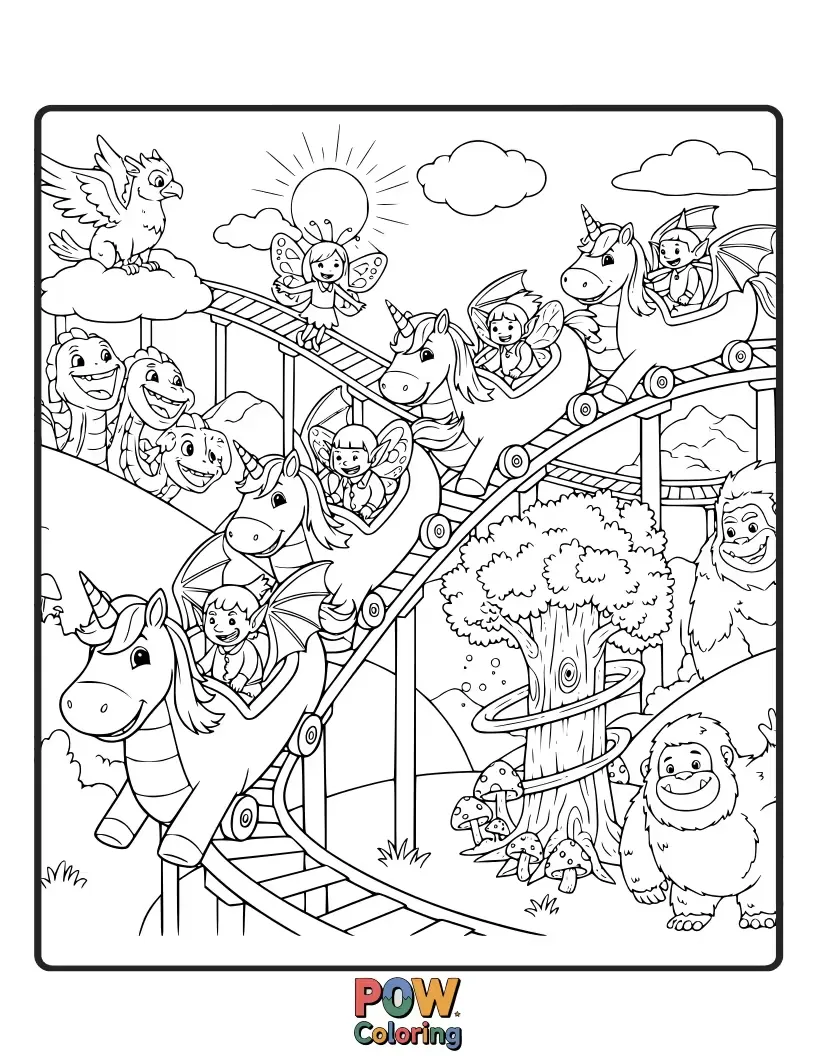 Free coloring page of A whimsical roller coaster glides past friendly unicorns, griffins, and other magical beings.