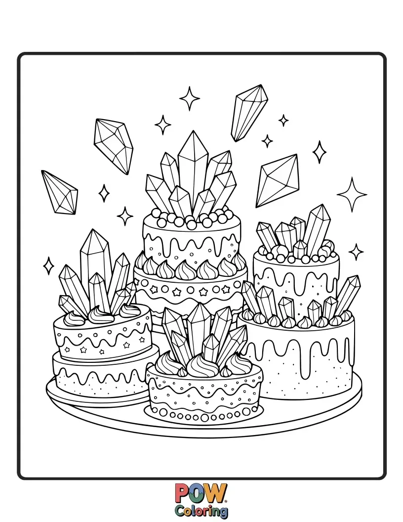 Free coloring page of Sparkling crystal-shaped cakes with intricate facets, radiating a unique and elegant beauty.
