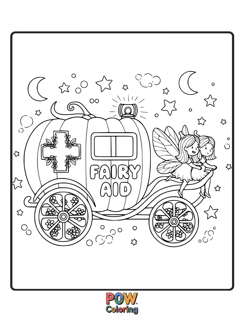 Free coloring page of A delicate ambulance with butterfly wings, carrying healing potions for magical creatures.