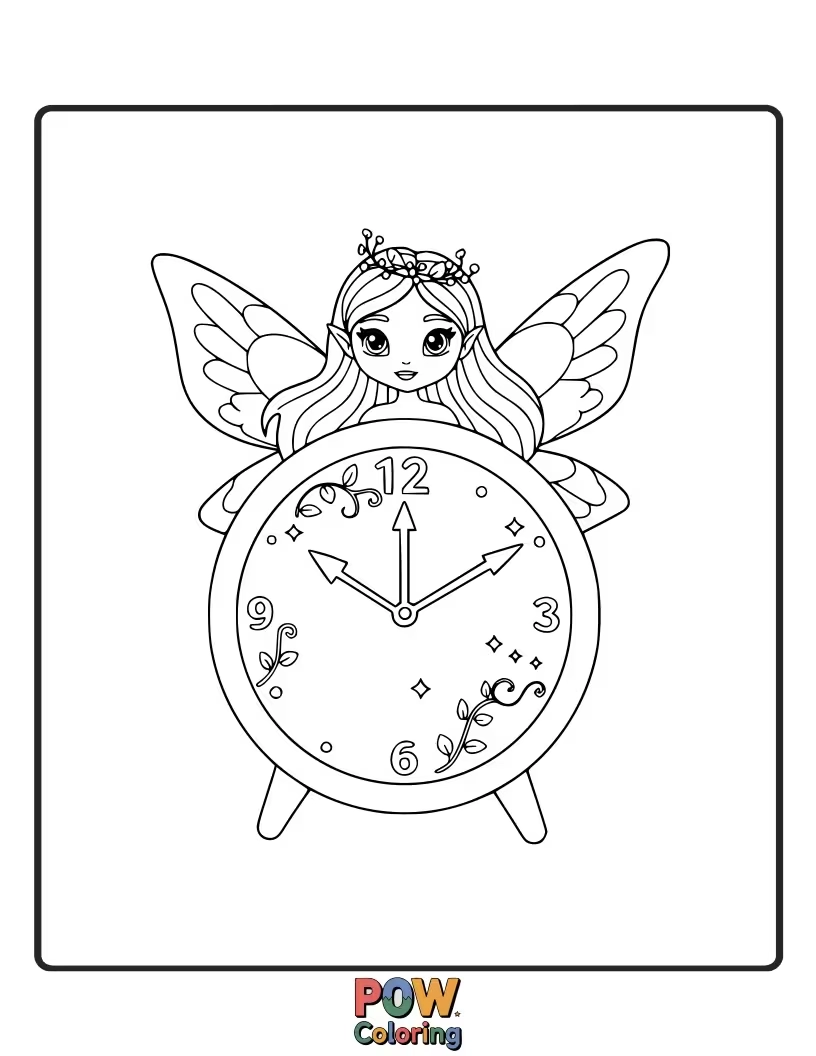 Free coloring page of An enchanting clock adorned with twinkling stars, delicate wings, and maybe a little fairy character.