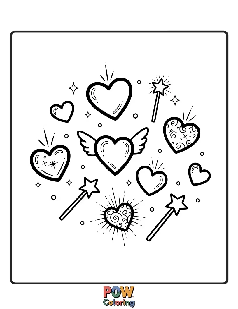 Free coloring page of Tiny fairies sprinkling glitter over heart-shaped flowers and mushrooms. Enchanting and delicate.