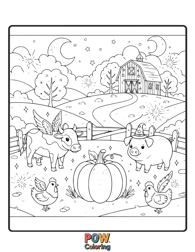 Free coloring page of A fairytale farm with glowing mushrooms, a friendly dragon, and animals with tiny wings.
