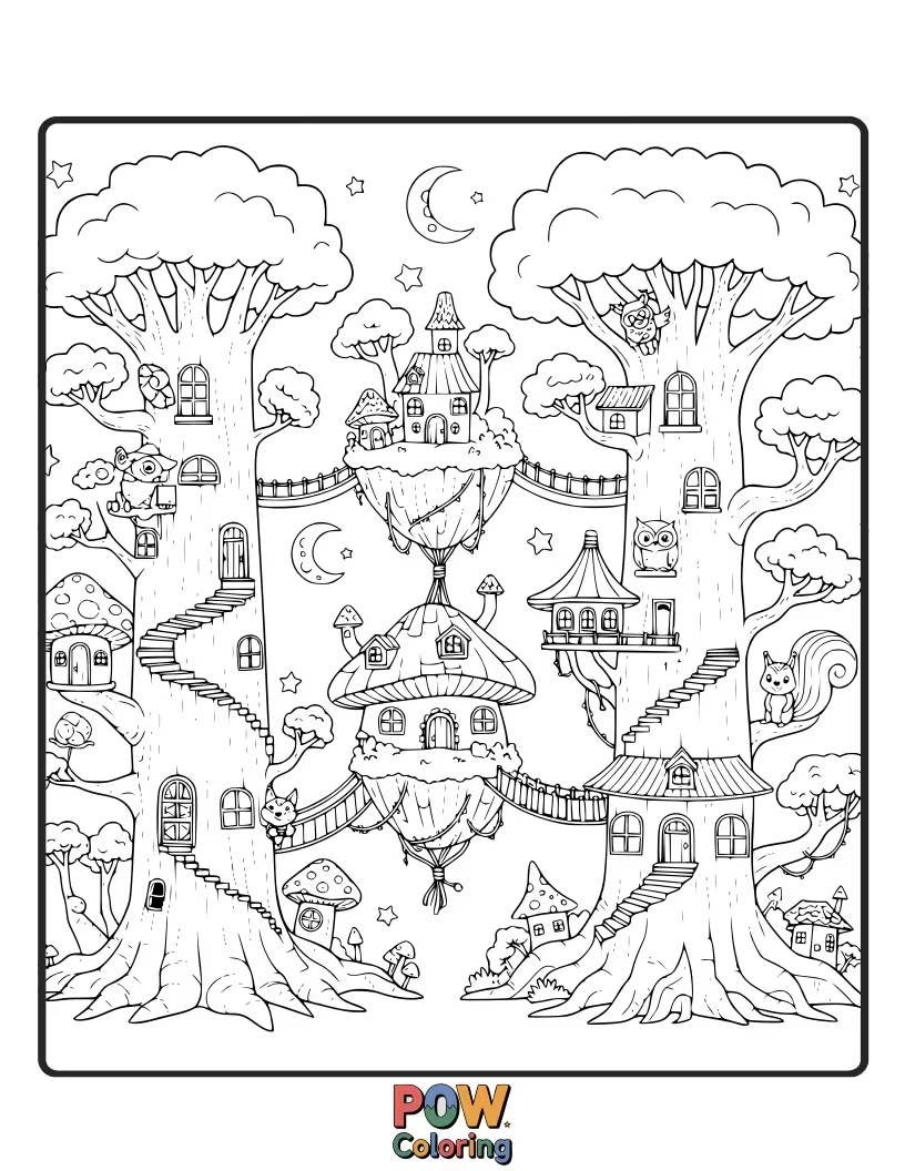 Free coloring page of Treehouses and mushroom homes nestled within a mystical forest. A nature-infused city for enchanting coloring.