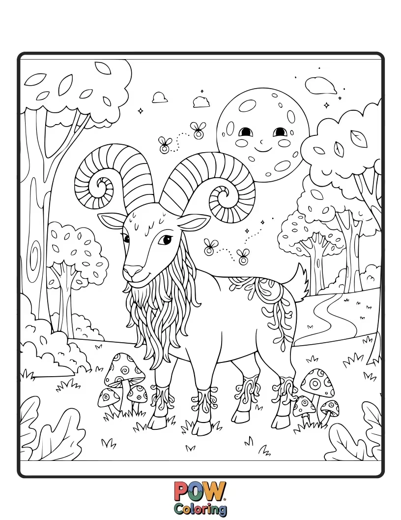 Free coloring page of A mystical goat with glowing horns, standing near ancient trees adorned with fairy lights and tiny woodland creatures.