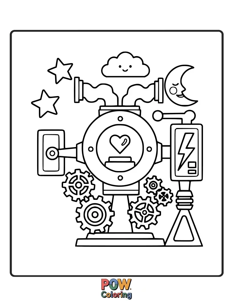 Free coloring page of Assemble a whimsical robot by coloring its body parts, each crafted from different geometric shapes, making math fun.