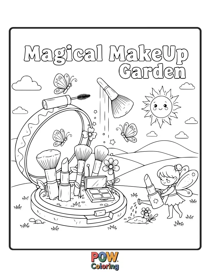 Free coloring page of A garden where flowers bloom into makeup brushes and colorful petals are eyeshadow. Cultivate your creativity in this enchanting landscape.
