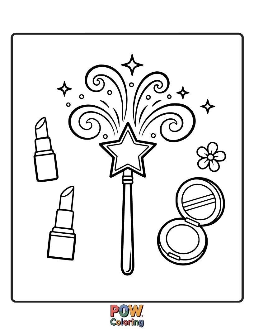 Free coloring page of A sparkling wand topped with a makeup brush, casting colorful spells. Enchant your world with a touch of fantasy makeup.