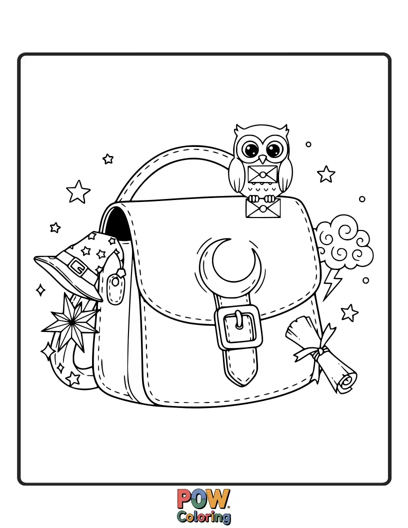 Free coloring page of Enchanting messenger bags featuring mystical symbols and starry nights, ready for imaginative adventures and creative storytelling.