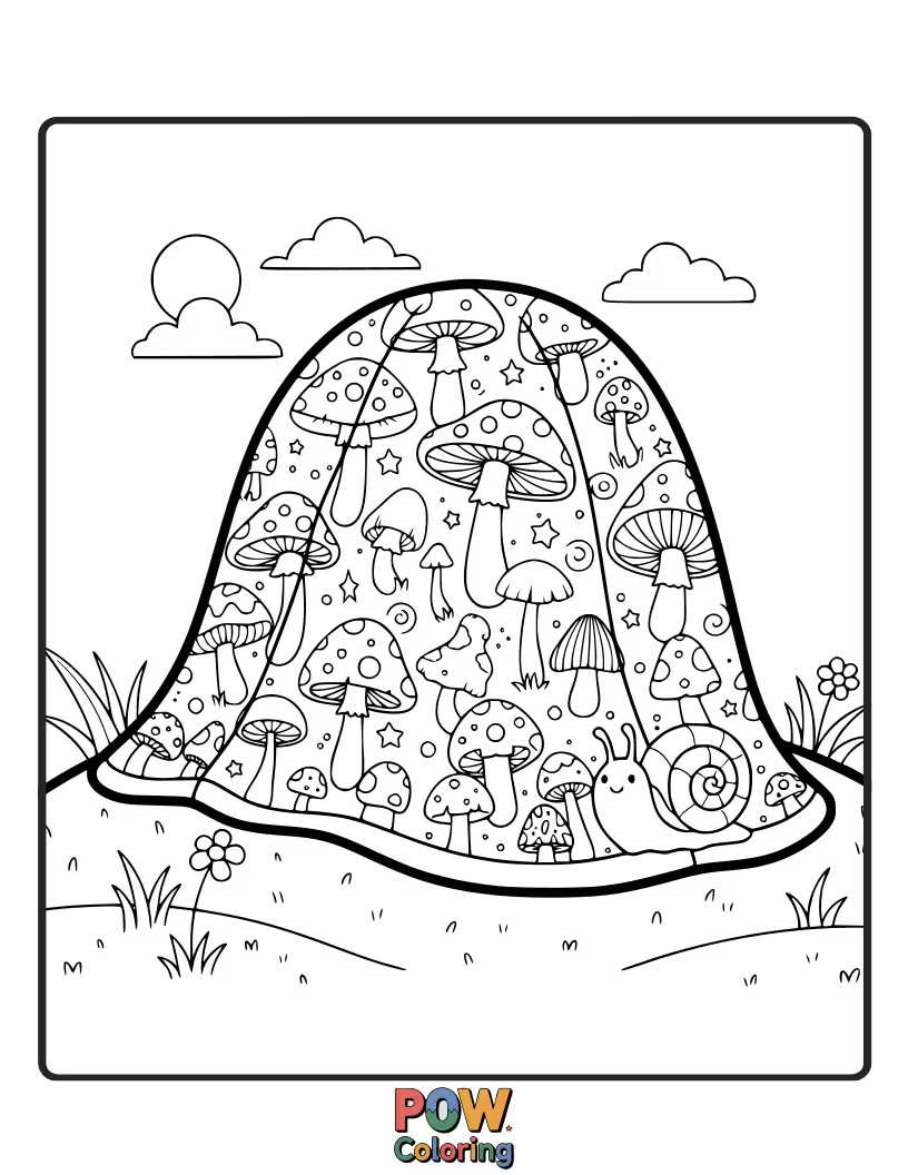 Free coloring page of Enchanted mushrooms forming a cozy blanket in a whimsical forest setting.