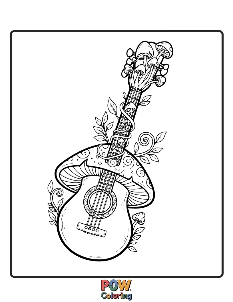 Free coloring page of A guitar with a whimsical, oversized mushroom cap and glowing fairy lights.