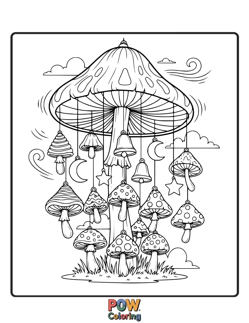 Free coloring page of Enchanted mushrooms glowing softly, with delicate chimes hanging from their caps.