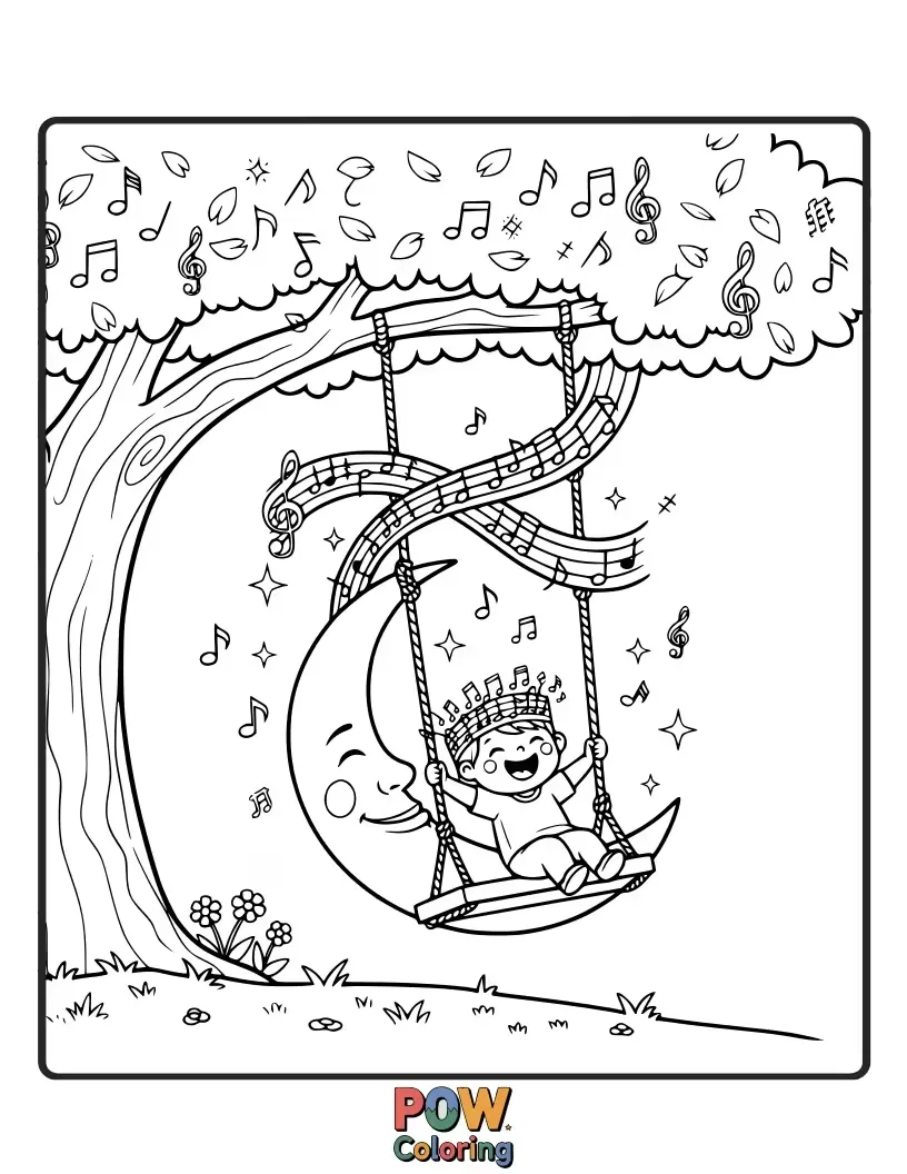 Free coloring page of Musical notes playfully dance around a whimsical swing where a cheerful melody seems to be playing.