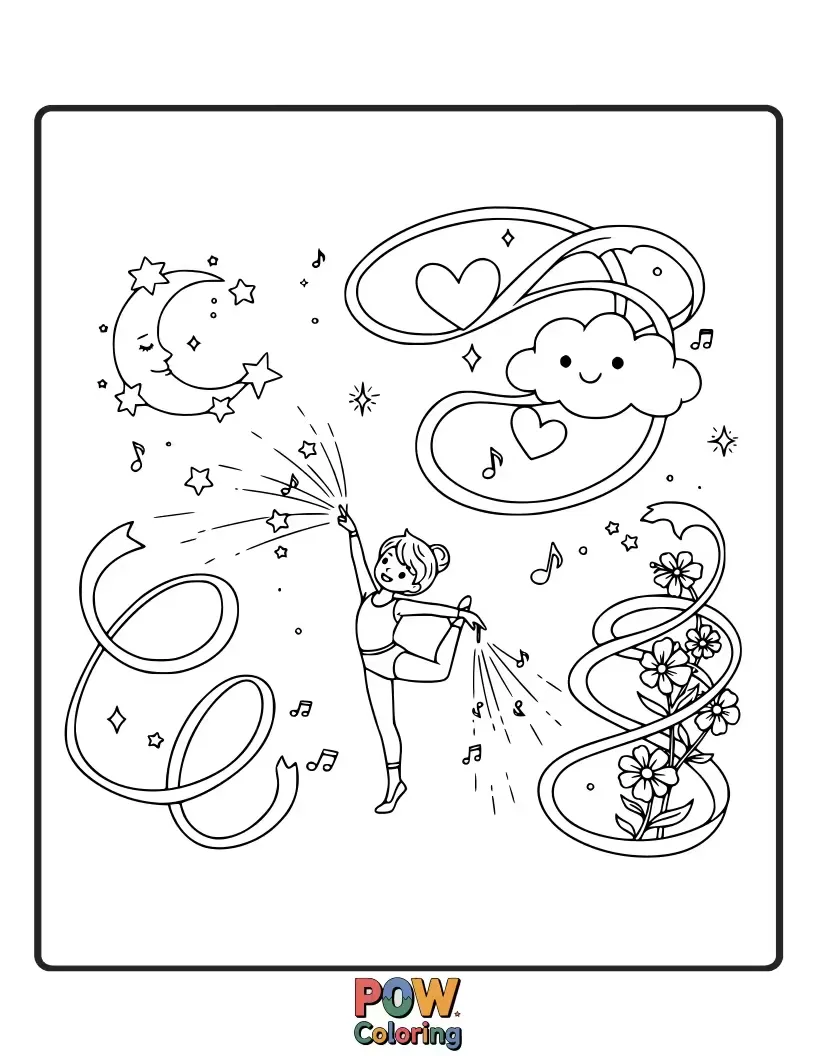 Free coloring page of Enchanted fairies twirl colorful ribbons in the air, creating whimsical patterns during their graceful gymnastics routine.