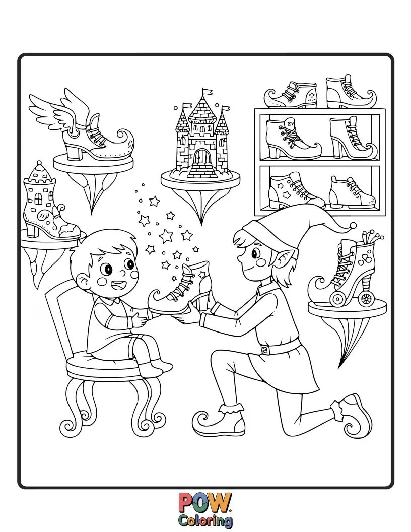 Free coloring page of The Grand Duke attempting to fit the glass slipper onto a reluctant stepsister's foot.