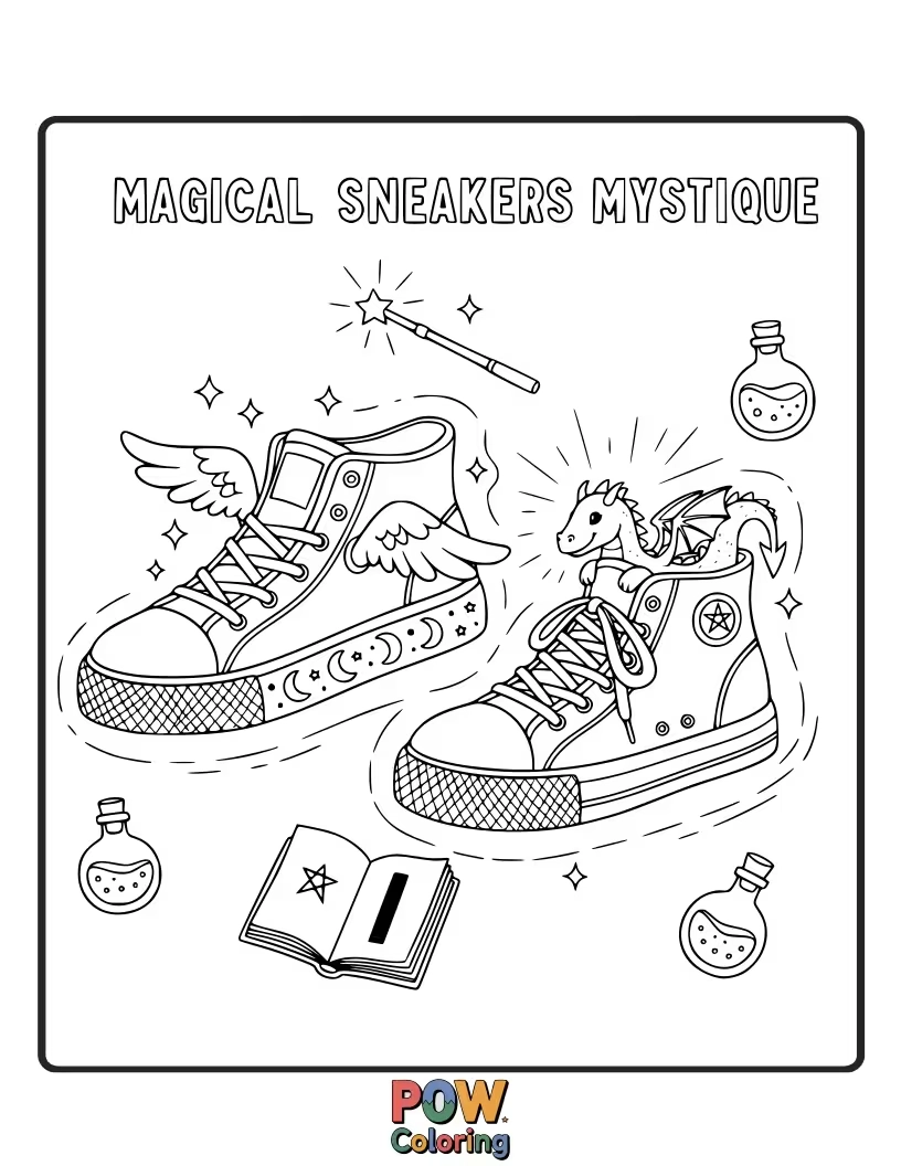 Free coloring page of The sneaker has a magical mystic power in it, it has a angel feathers also.