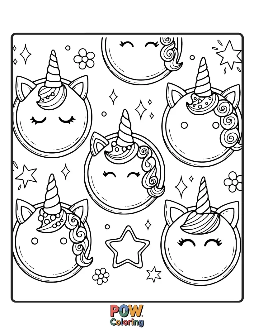 Free coloring page of Enchanting cookies adorned with shimmering horns, flowing manes, and rainbow sprinkles. Unleash your inner magic!