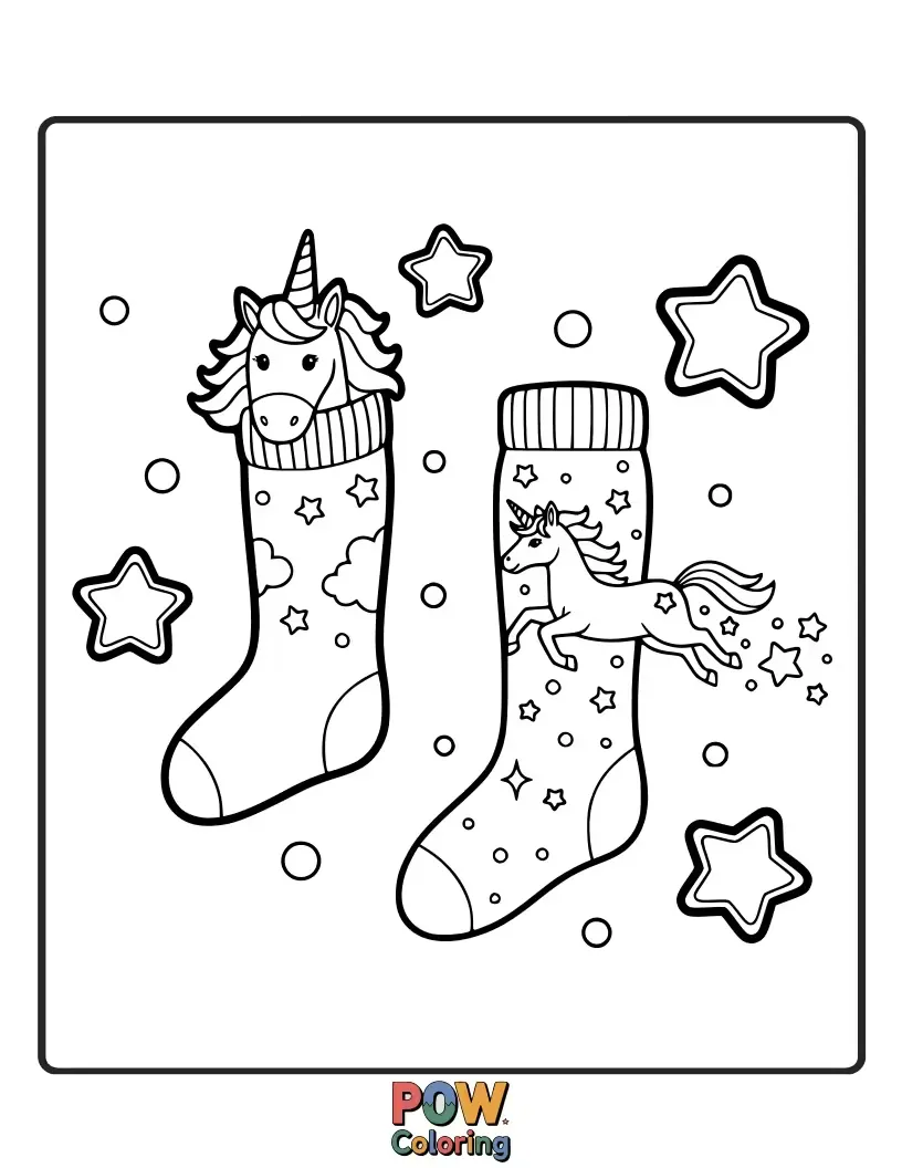 Free coloring page of Sprinkle some sparkle into your day with these enchanting unicorn socks, featuring rainbows and shimmering stars.
