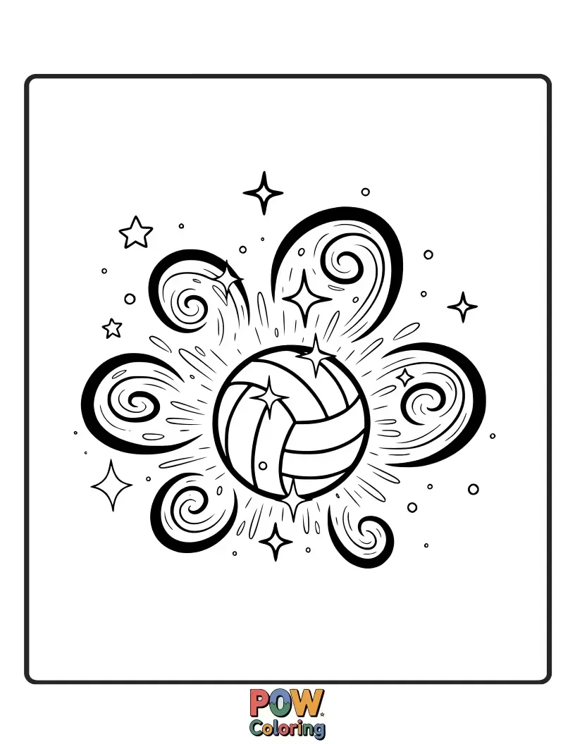 Free coloring page of Enchanting volleyball with shimmering stars and magical accents, perfect for a colorful design.